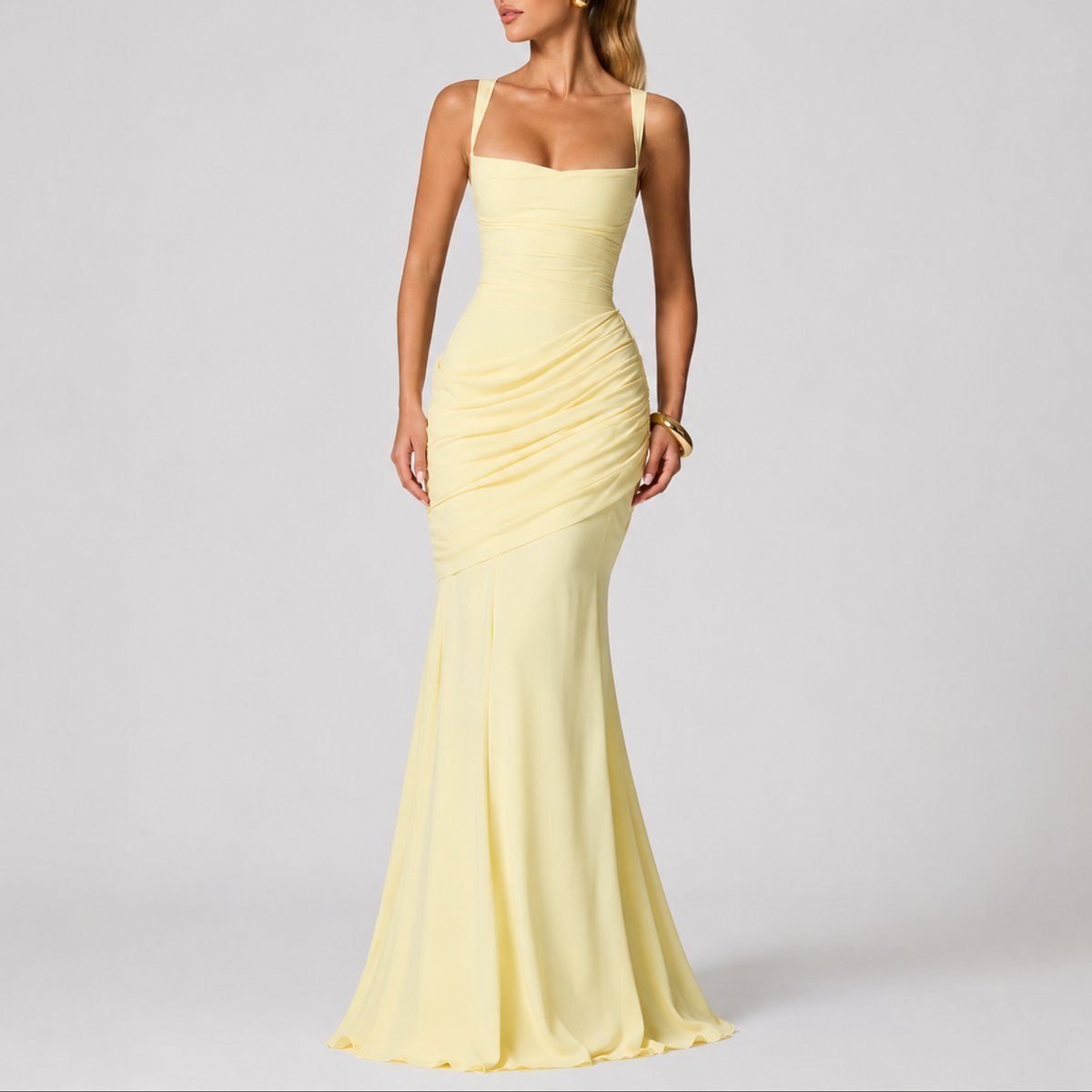 Autumn Wedding Guest Maxi Dress with Square Neck and Ruching for Women 2