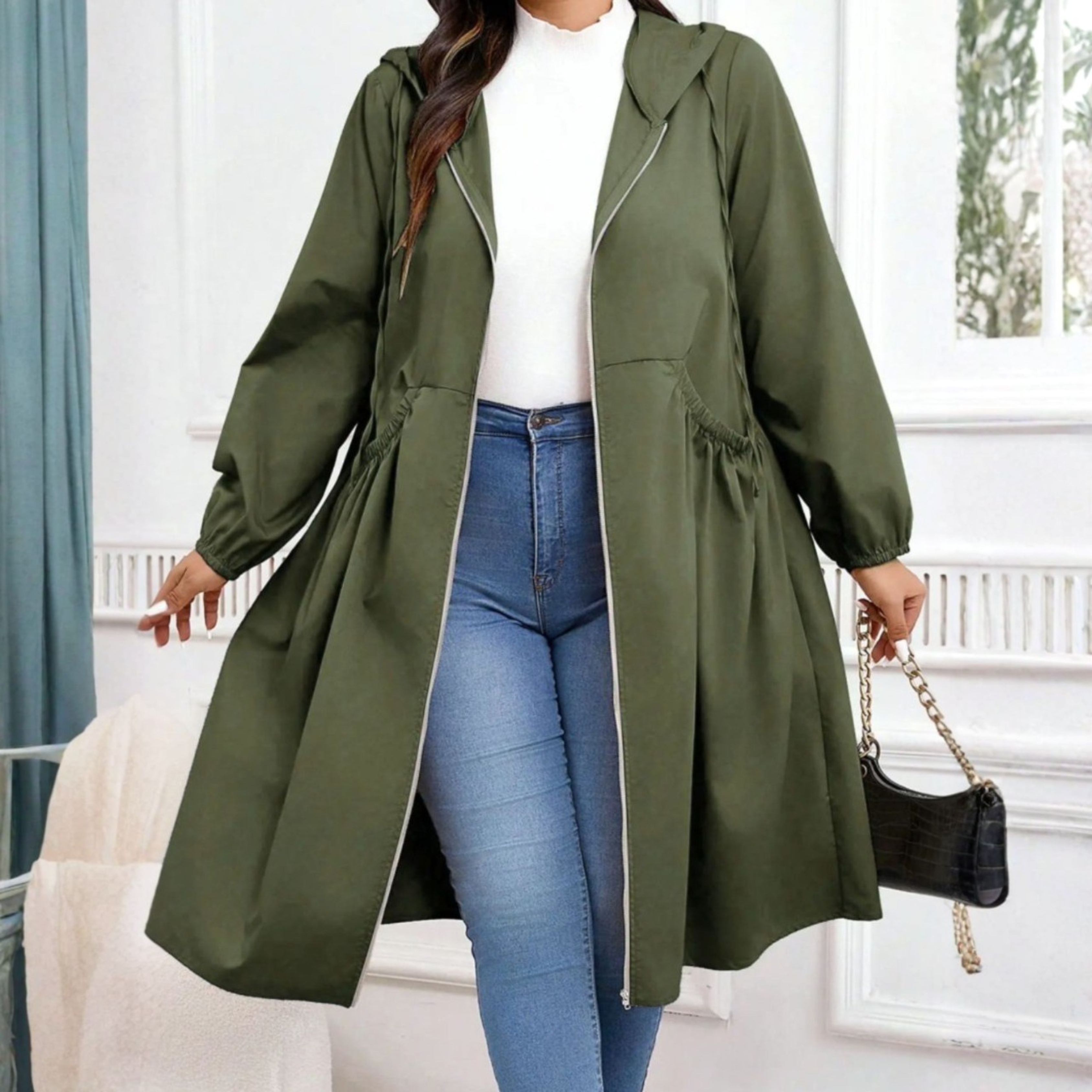 Avril - Casual Plus Size Drawstring Zip-Up Long Sleeve Hooded Coat 1