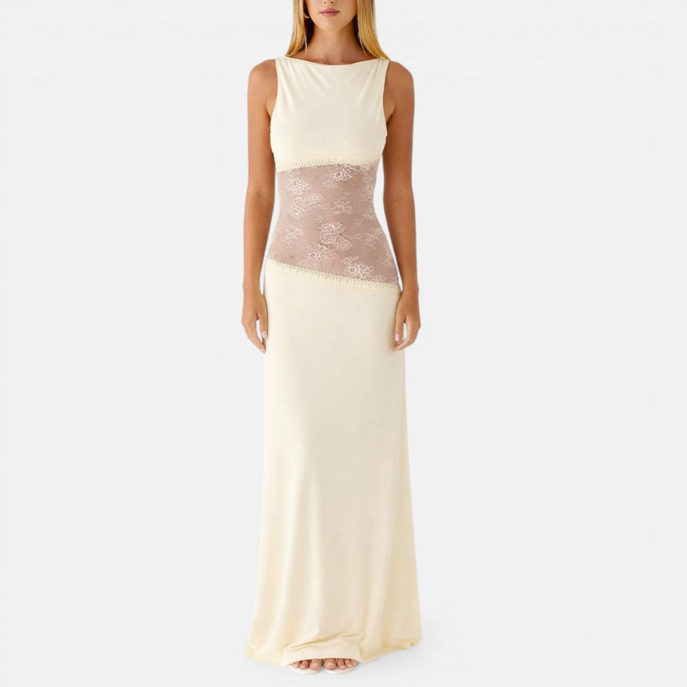 Sleeveless Wedding Guest Maxi Dress with Sheer Panel