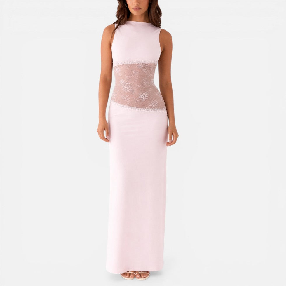 Sleeveless Wedding Guest Maxi Dress with Sheer Panel