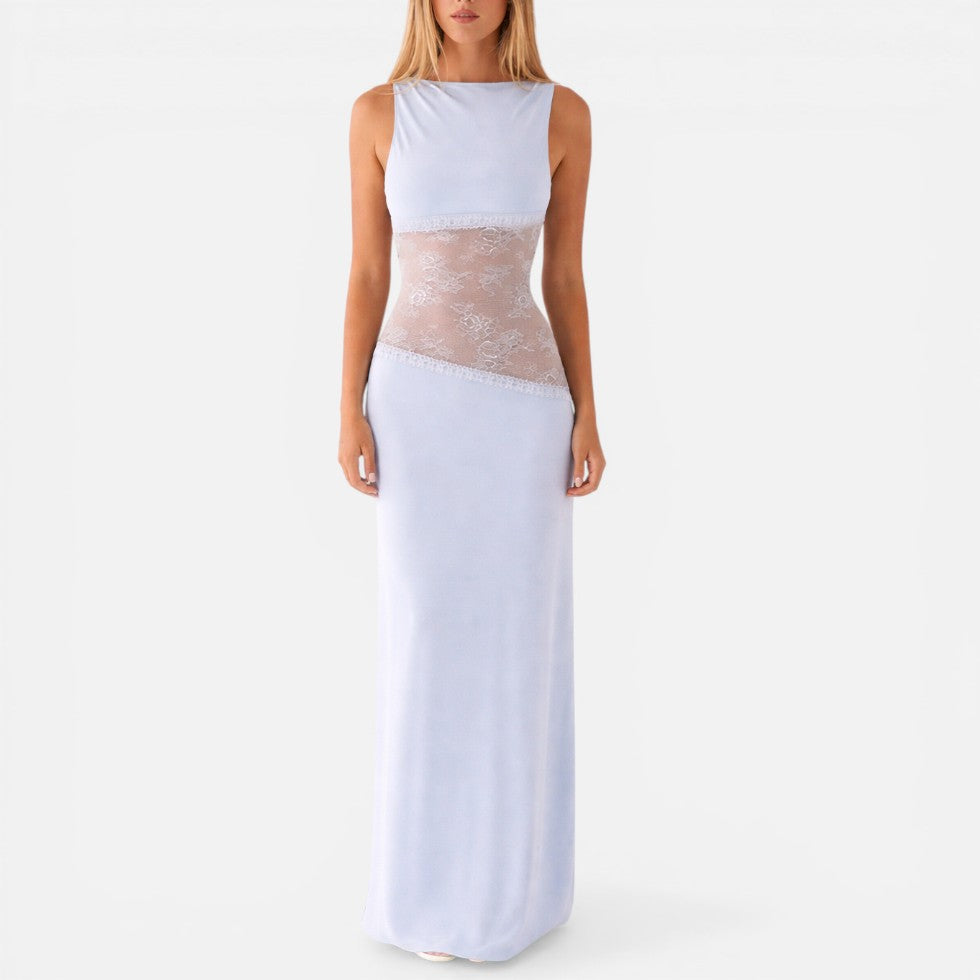 Sleeveless Wedding Guest Maxi Dress with Sheer Panel