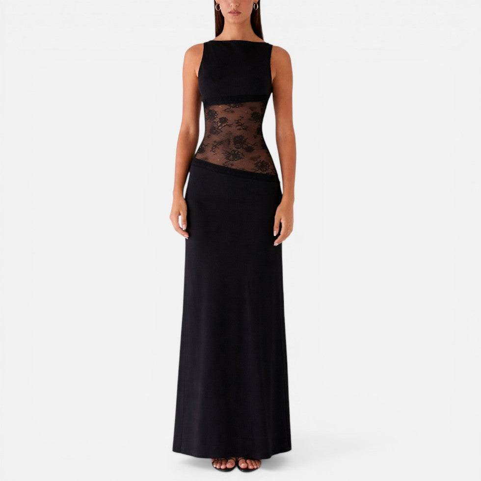Sleeveless Wedding Guest Maxi Dress with Sheer Panel