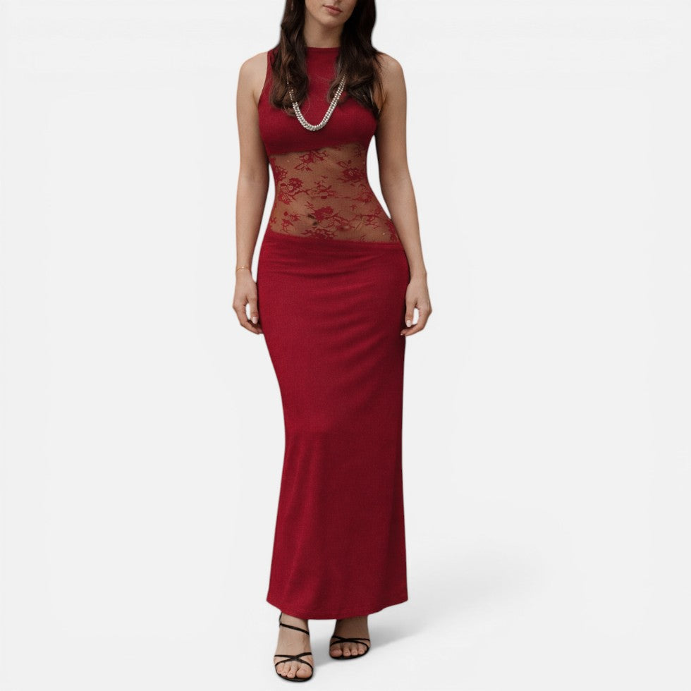 Sleeveless Wedding Guest Maxi Dress with Sheer Panel
