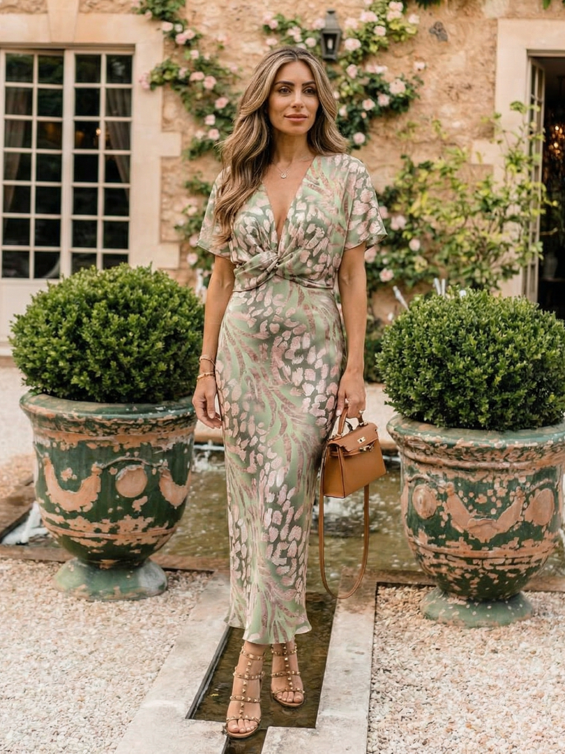 Coralie | Abstract Print V Neck Twist Waist Midi Dress 4