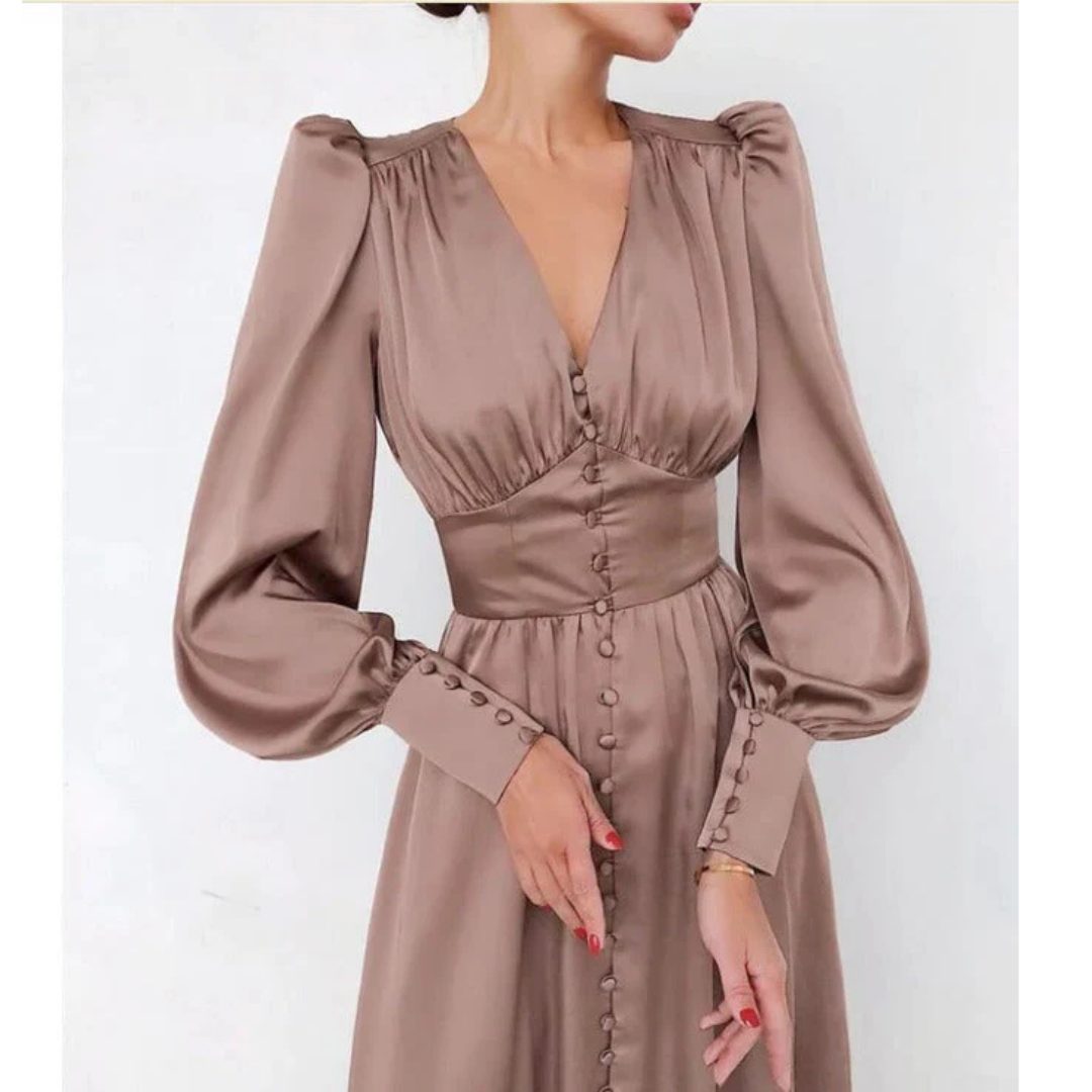 Formal Maxi Dress with V-Neck and Puff Sleeves for Women 0