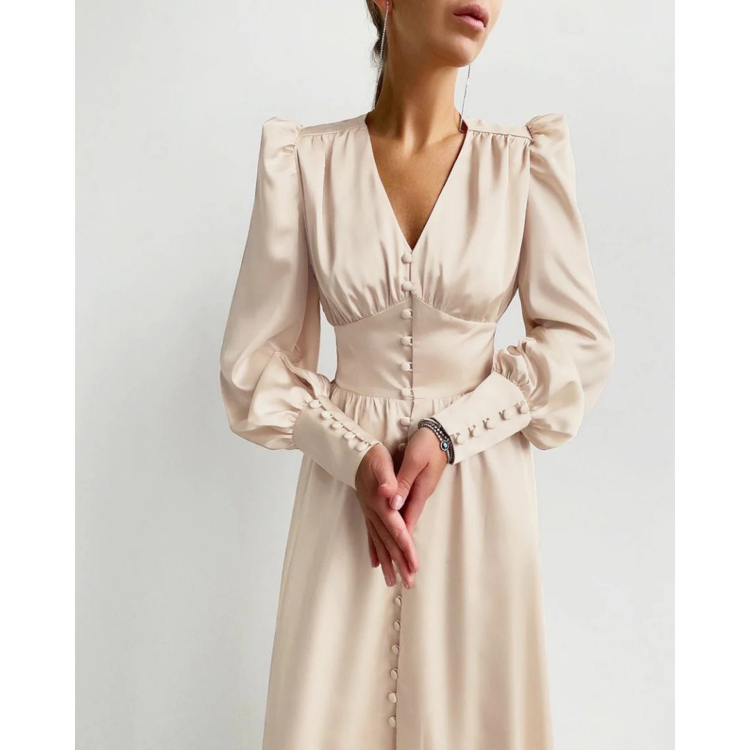 Formal Maxi Dress with V-Neck and Puff Sleeves for Women 1