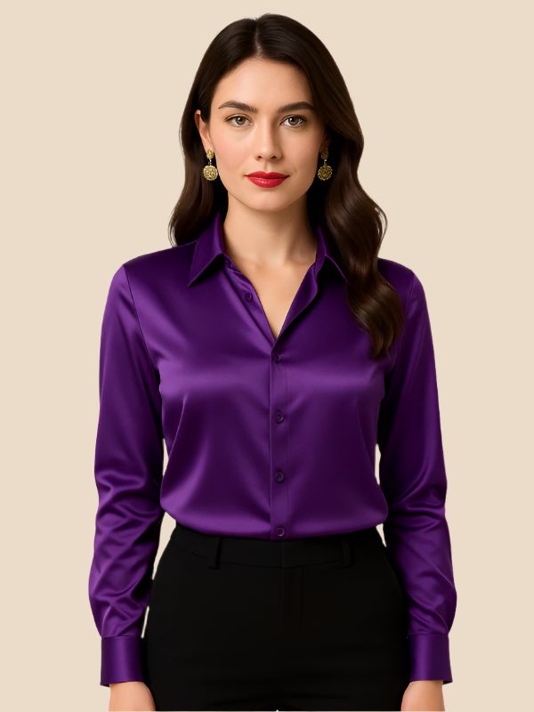 Satin Button-Down Shirt with Pointed Collar for Women 19