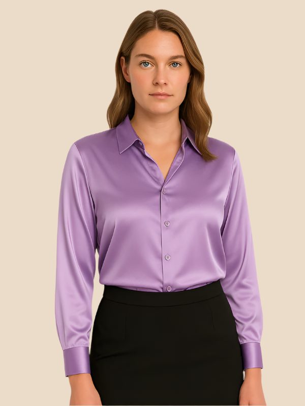 Satin Button-Down Shirt with Pointed Collar for Women 9