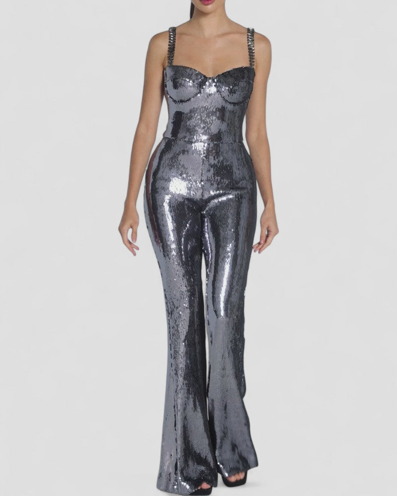 Sequin Flare Jumpsuit with Chain Straps and Belted Waist 2