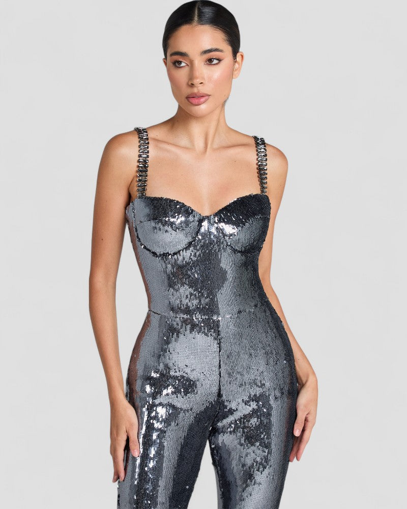 Sequin Flare Jumpsuit with Chain Straps and Belted Waist 4