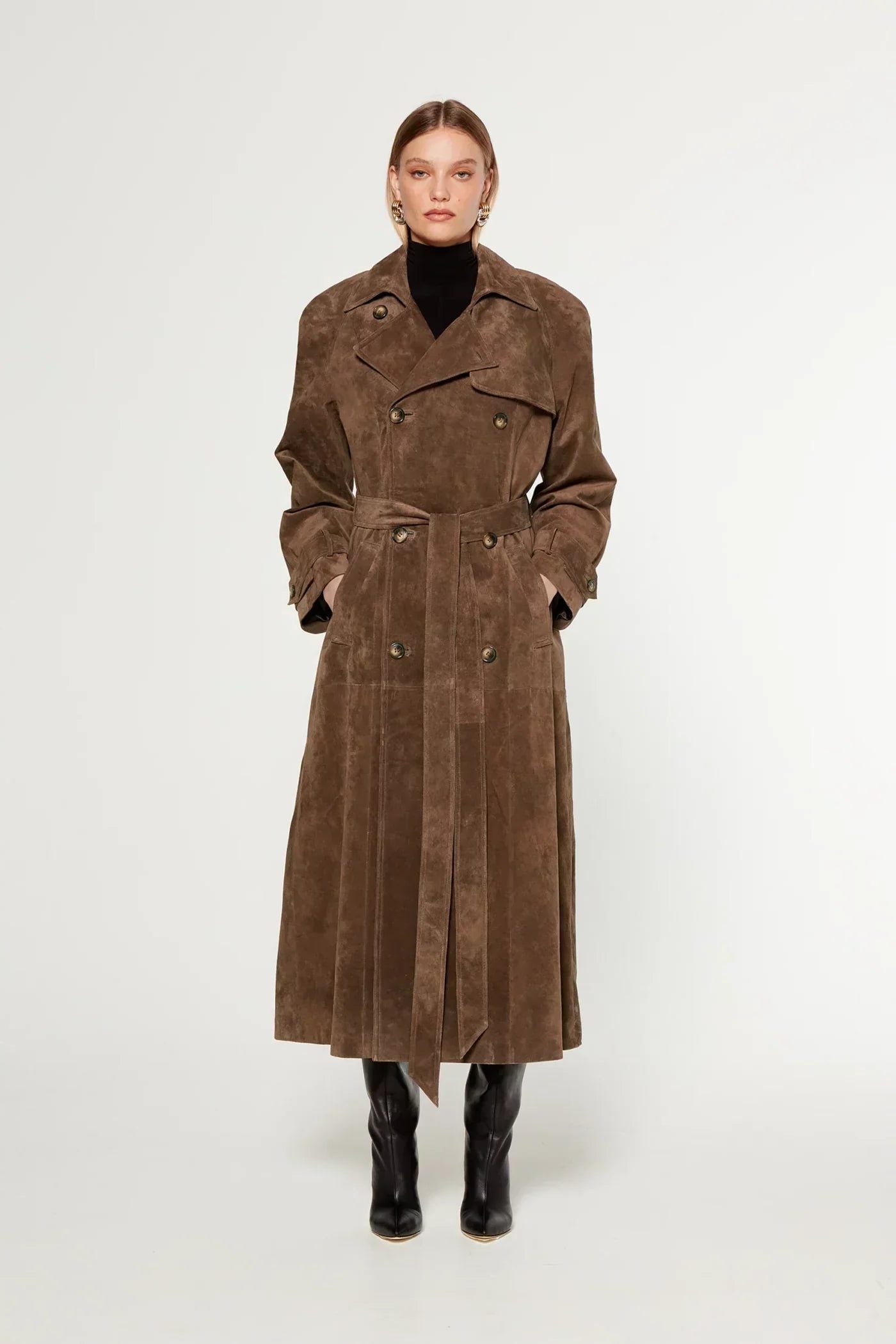 Suede Double-Breasted Trench Coat with Belt for Women 0