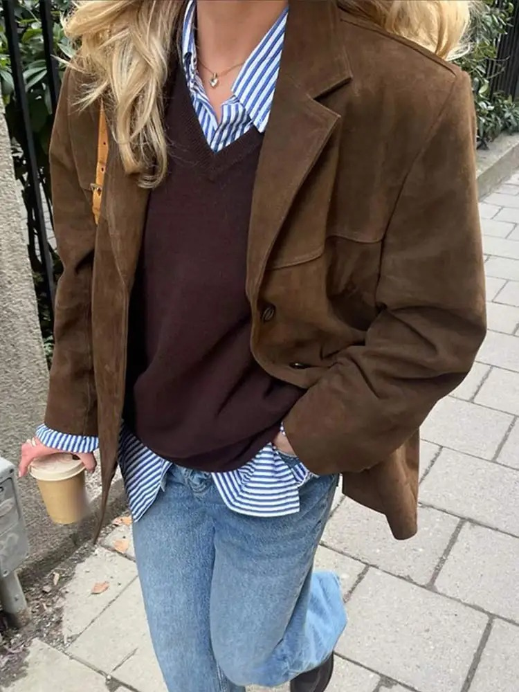 Women's Elegant Oversized Brown Suede Blazer Jacket – Comfort 2