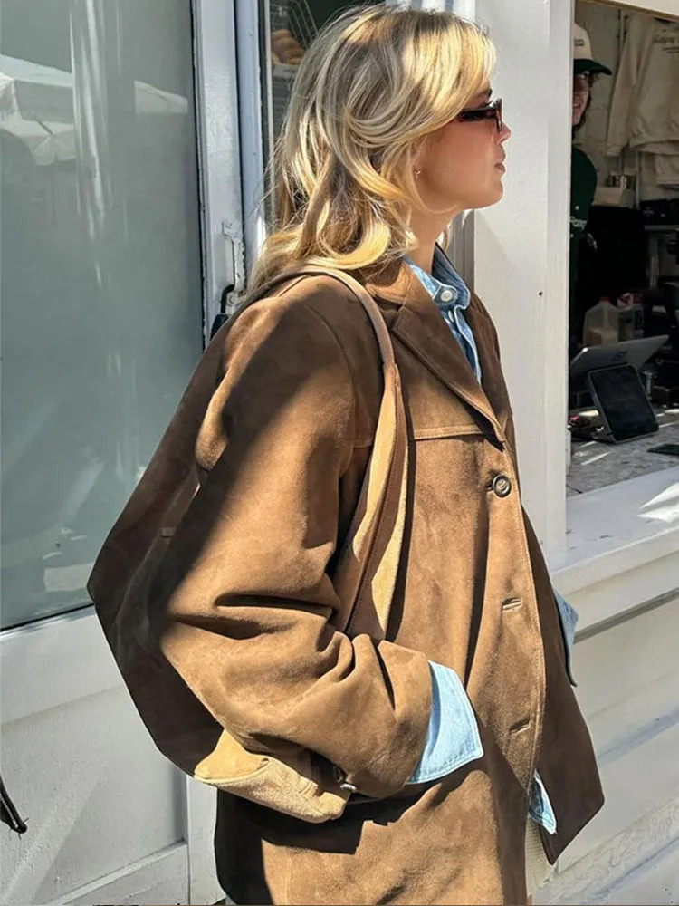 Women's Elegant Oversized Brown Suede Blazer Jacket – Comfort 3