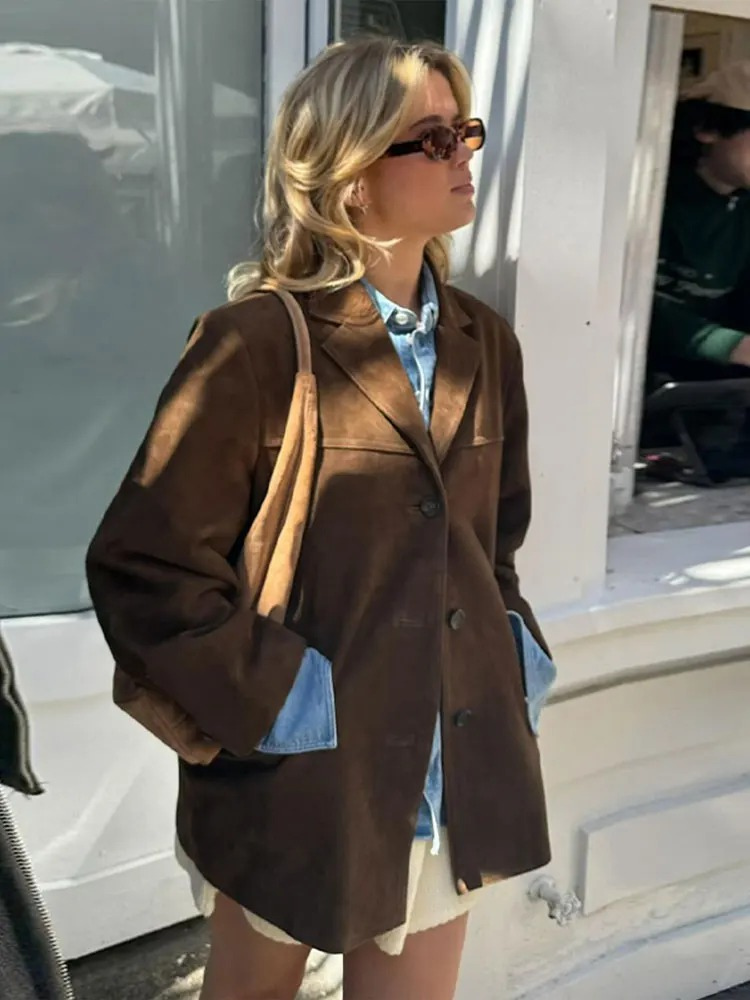 Women's Elegant Oversized Brown Suede Blazer Jacket – Comfort 4