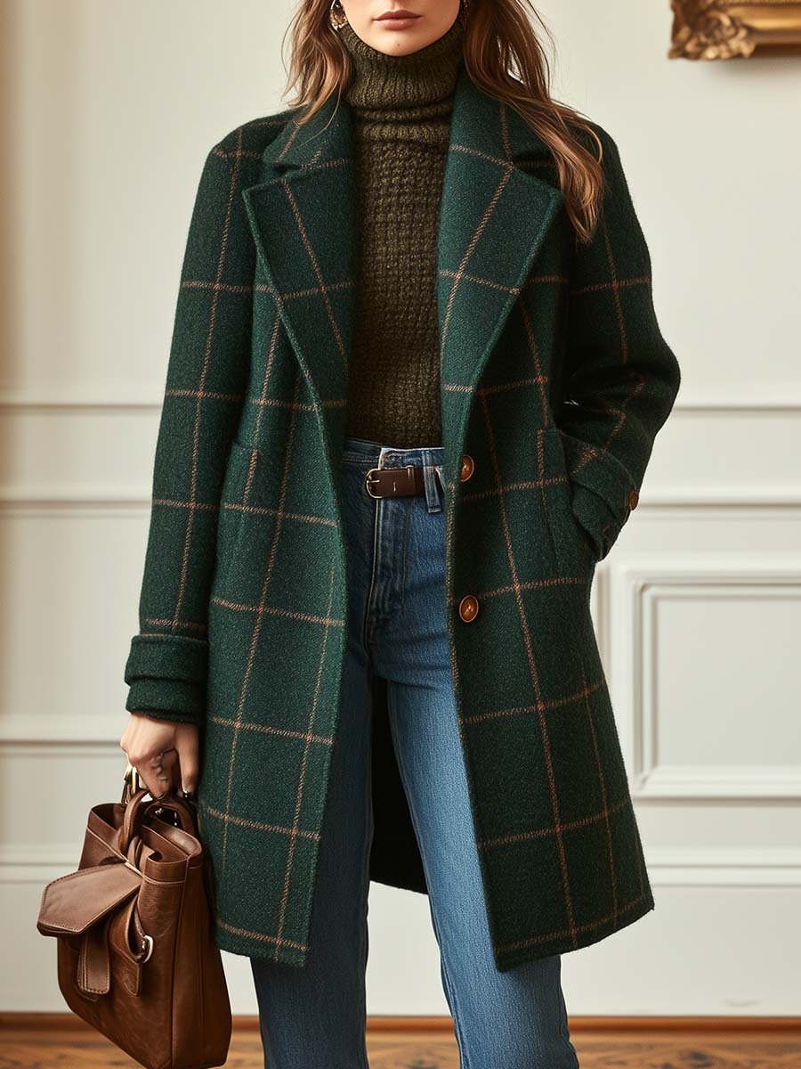 Women's Retro Lapel Plaid Tweed Coat 0