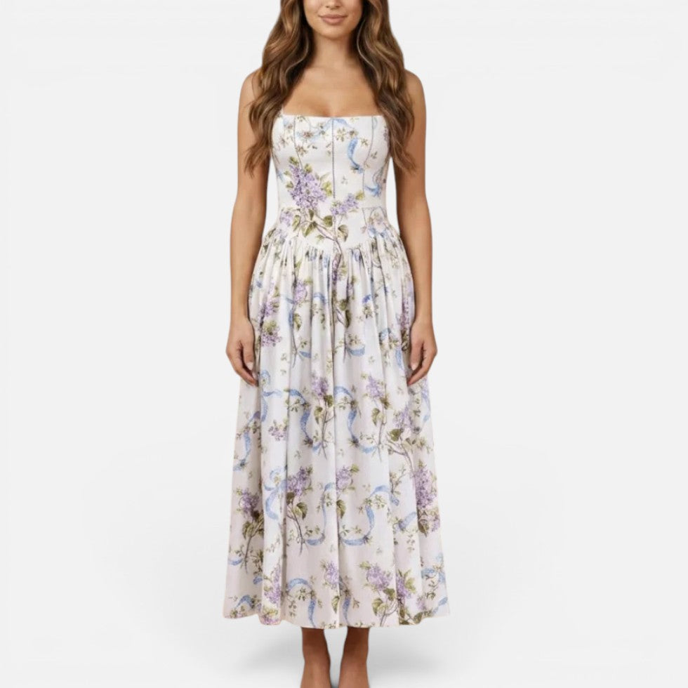 Floral Wedding Guest Midi Dress with Spaghetti Straps