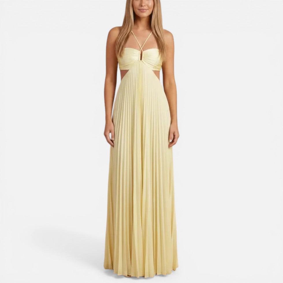 Pleated Cut-Out Wedding Guest Maxi Dress with Spaghetti Straps