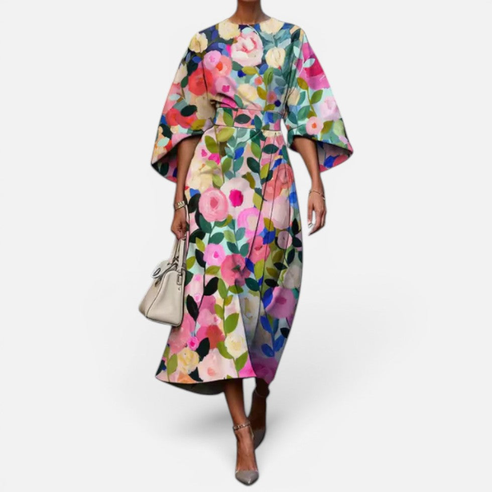 Elegant Floral Midi Wedding Dress with Wide Sleeves