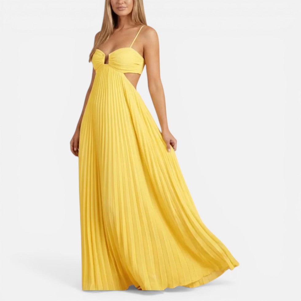 Pleated Cut-Out Wedding Guest Maxi Dress with Spaghetti Straps