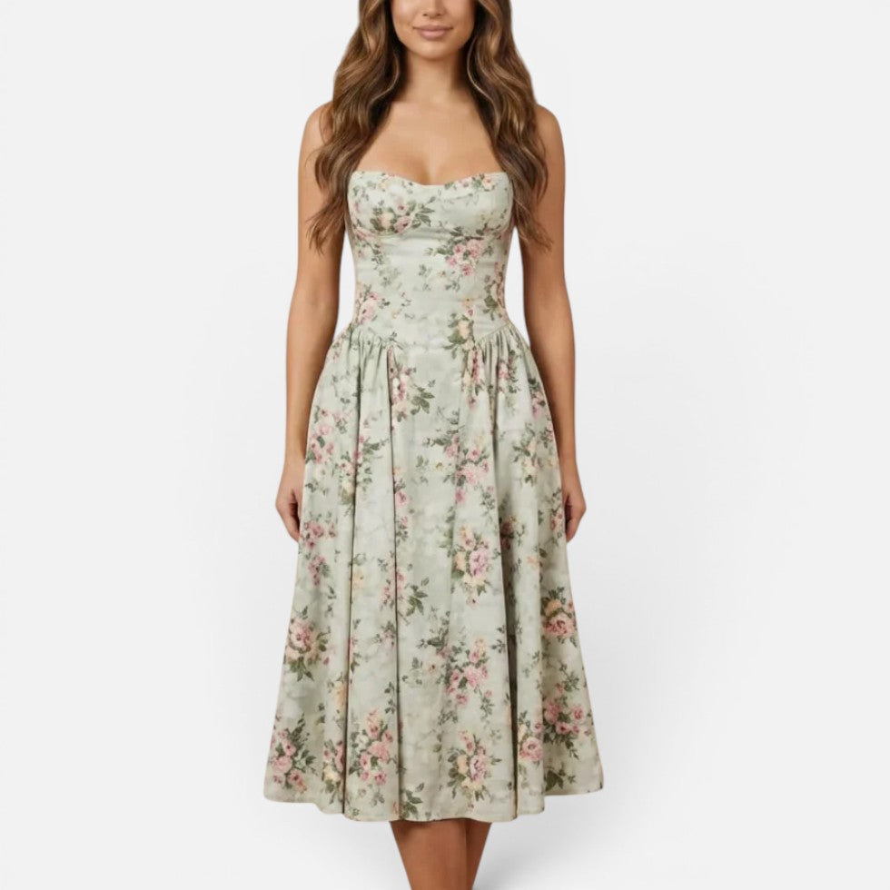 Floral Wedding Guest Midi Dress with Spaghetti Straps