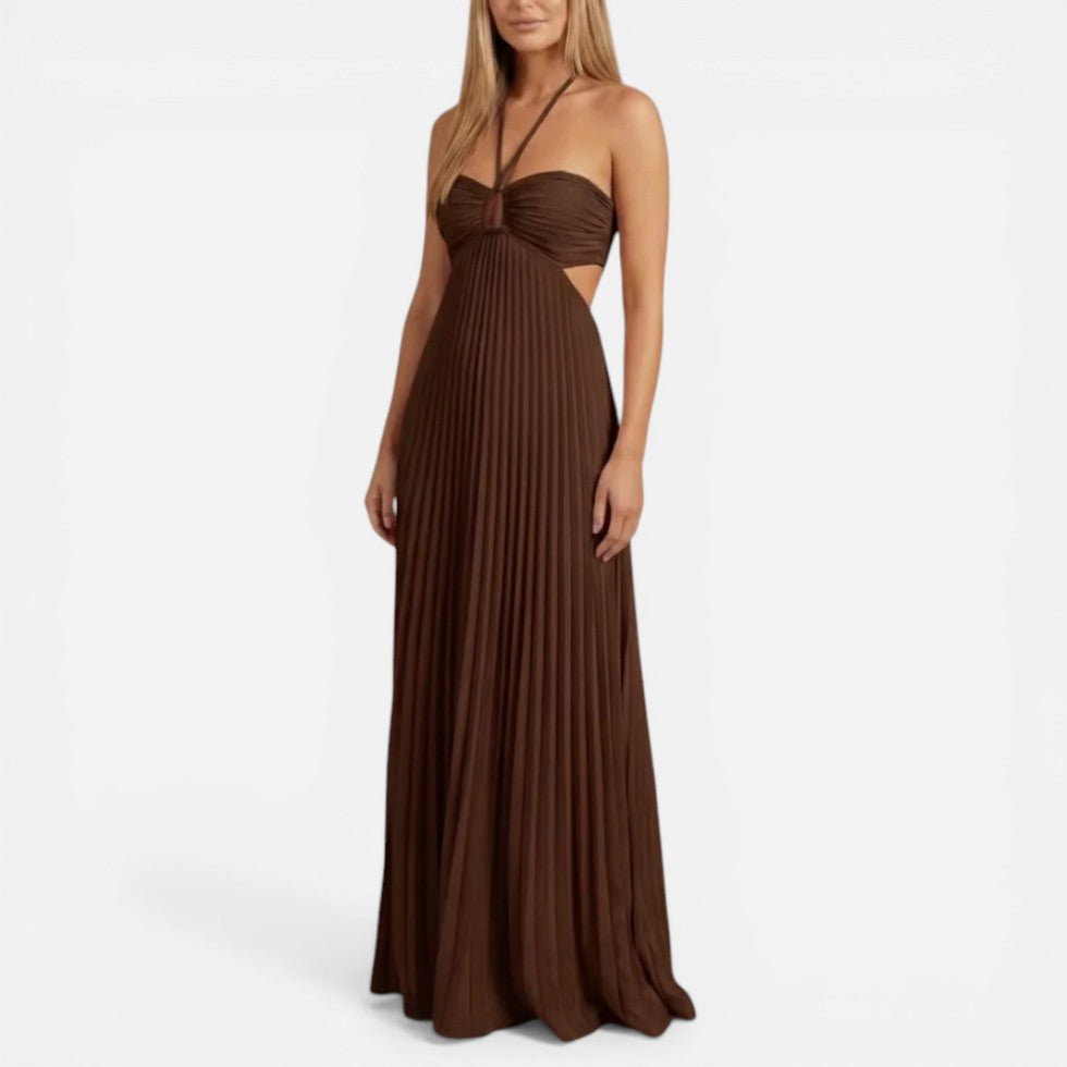 Pleated Cut-Out Wedding Guest Maxi Dress with Spaghetti Straps
