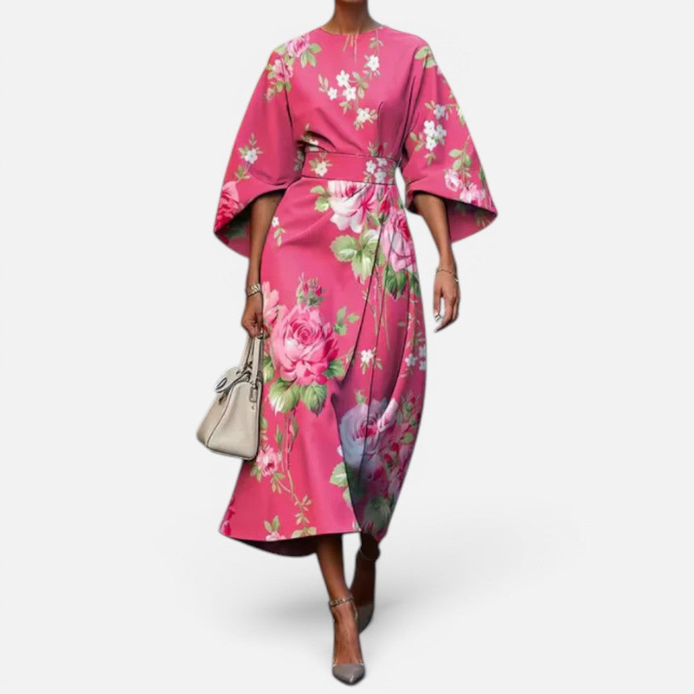 Elegant Floral Midi Wedding Dress with Wide Sleeves