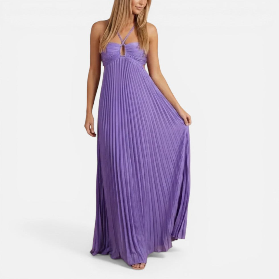 Pleated Cut-Out Wedding Guest Maxi Dress with Spaghetti Straps
