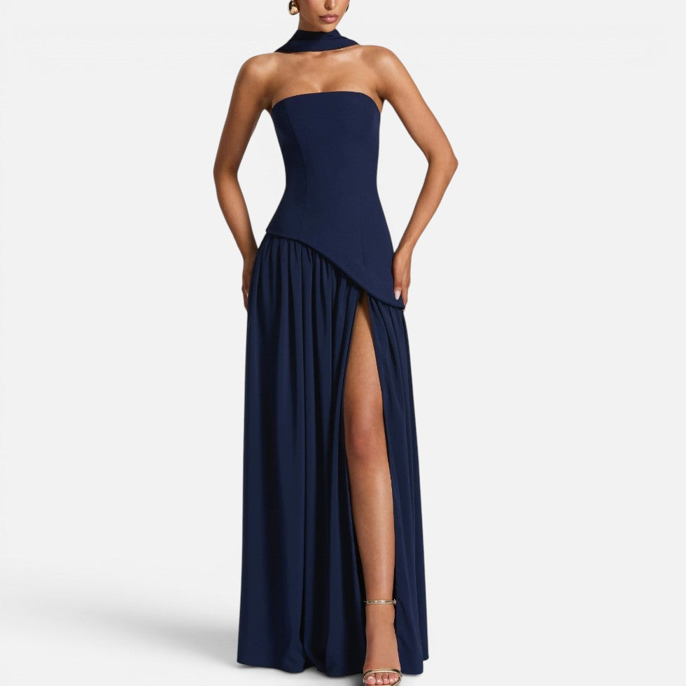 Strapless Wedding Guest Maxi Dress with High Slit