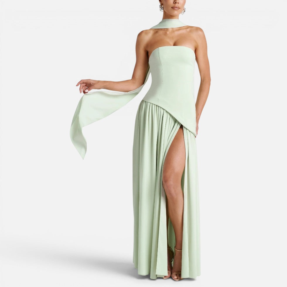 Strapless Wedding Guest Maxi Dress with High Slit