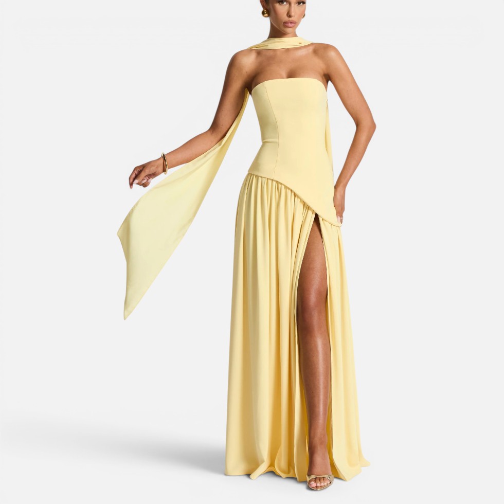 Strapless Wedding Guest Maxi Dress with High Slit