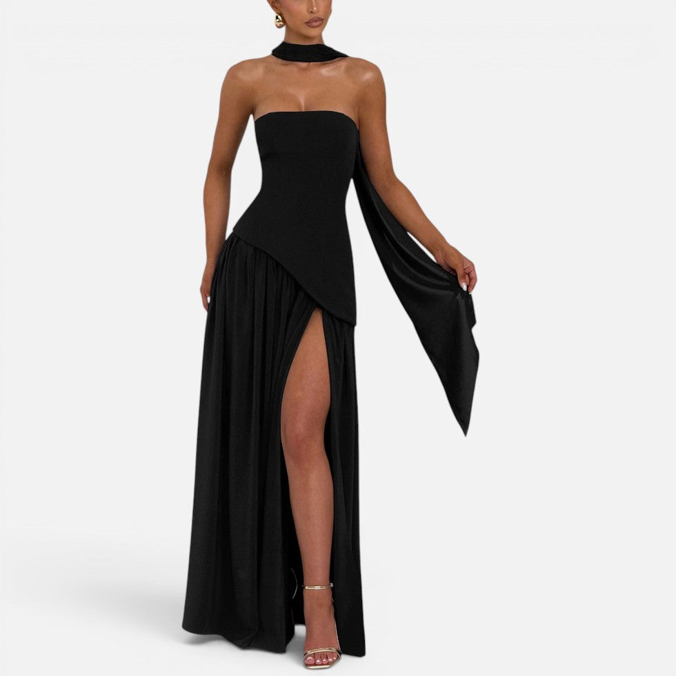 Strapless Wedding Guest Maxi Dress with High Slit