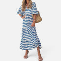 Maxi Dress Relaxed Fit Geometric Print V Neck Half Sleeve