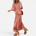 Maxi Dress Relaxed Fit Geometric Print V Neck Half Sleeve
