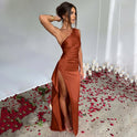 Women's One-Shoulder Satin Maxi Dress with High Split