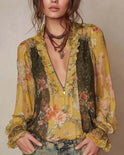 Women's Floral Blouse with Zipper V-Neck and Ruffles