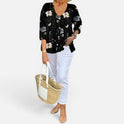 Blouse Button Front Floral V Neck Three Quarter Sleeve
