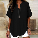 Women's Loose V-Neck Blouse with Rolled Sleeves