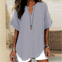 Women's Loose V-Neck Blouse with Rolled Sleeves