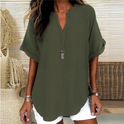 Women's Loose V-Neck Blouse with Rolled Sleeves