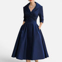 Midi Dress Fit and Flare Wrap Style Three Quarter Sleeve