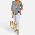 Blouse Button Front Floral V Neck Three Quarter Sleeve