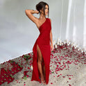 Women's One-Shoulder Satin Maxi Dress with High Split