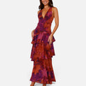 Printed Tiered V Neck Sleeveless Maxi Dress