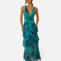 Printed Tiered V Neck Sleeveless Maxi Dress