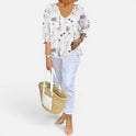 Blouse Button Front Floral V Neck Three Quarter Sleeve