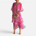 Midi Dress Tiered Wrap Waist V Neck Flutter Sleeve Floral