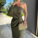 Women's One-Shoulder Twist-Front Midi Dress with Slit