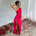 Women's One-Shoulder Satin Maxi Dress with High Split