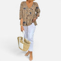 Blouse Button Front Floral V Neck Three Quarter Sleeve
