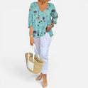 Blouse Button Front Floral V Neck Three Quarter Sleeve